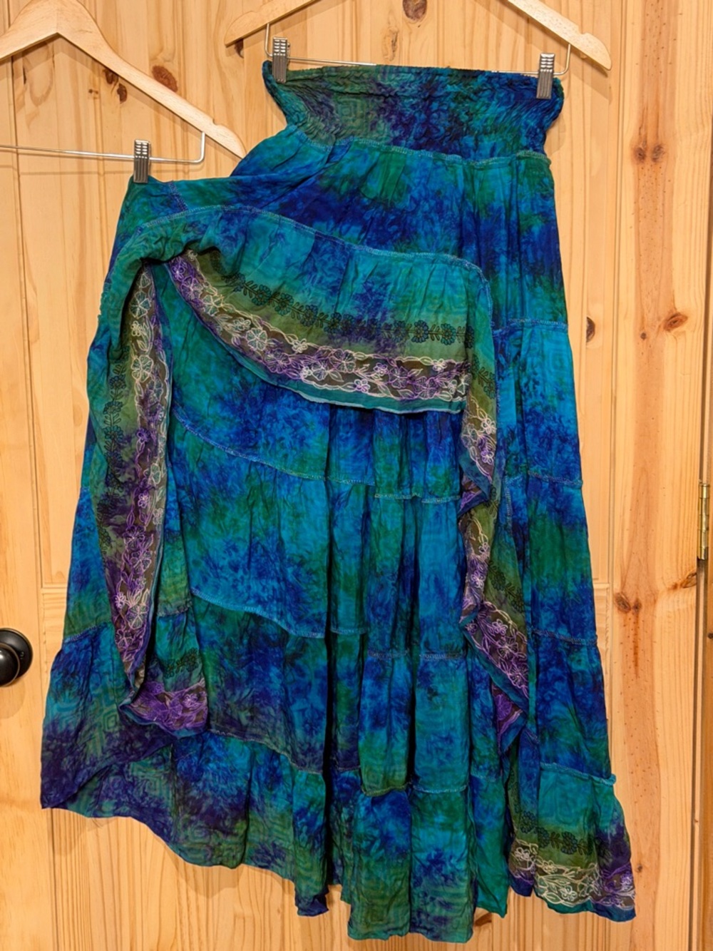 Boho Tiered Maxi Skirt in Blue-Green with Purple Trim high low